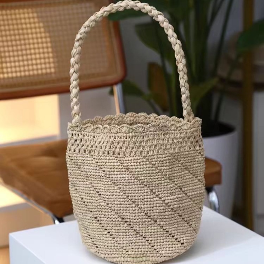 Handmade Crochet Straw Bucket  - đánh giá và giá Crochet Bag Raffia